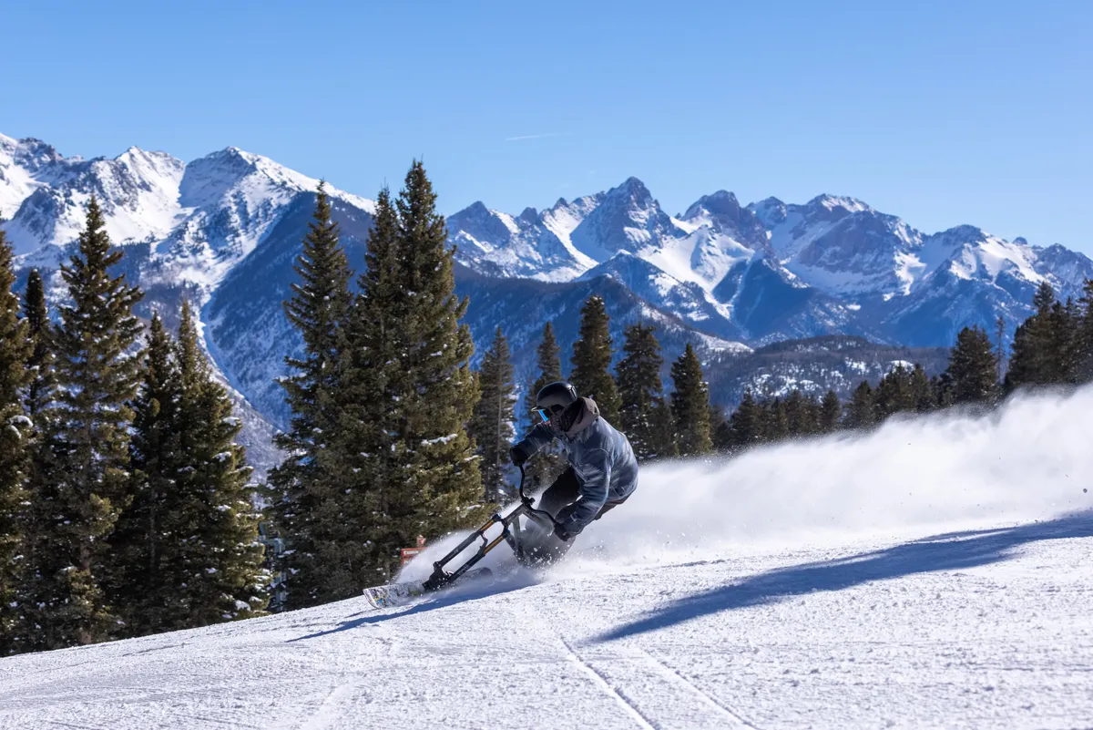 An exterior winter scene featuring a skier carving down fresh snow with a majestic mountain range and evergreen trees in the background. The image captures the excitement of being on the slopes and the resort’s direct connection to mountain adventure.